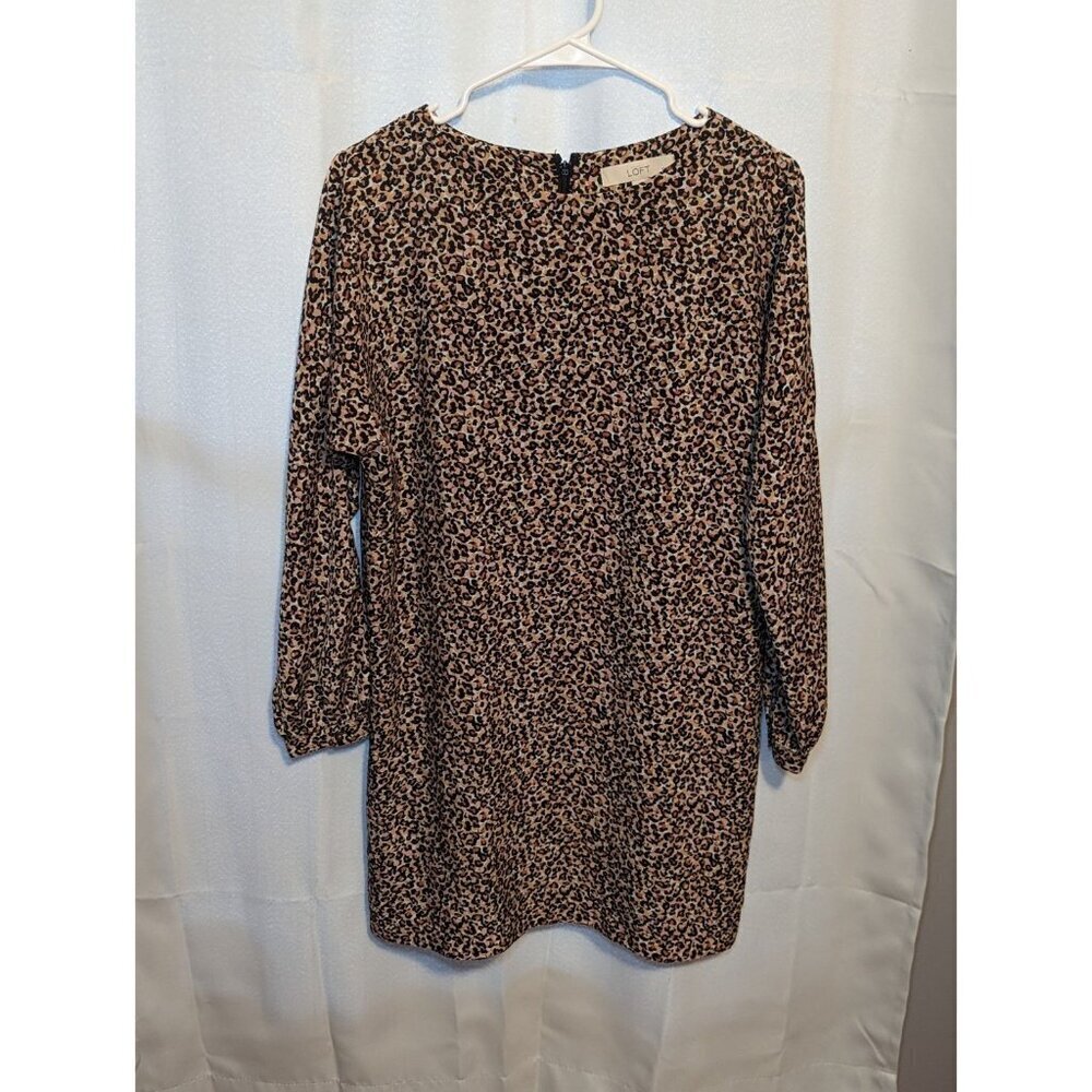 Womens Loft Leopard Print Long Sleeve Dress SizeSmall Petite Midi Button Sleeve
